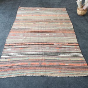 Vintage Turkish Kilim Rug 5x9 ft – Handwoven Wool Striped Carpet – Boho Farmhouse Decor – Ethnic Tribal Area Rug