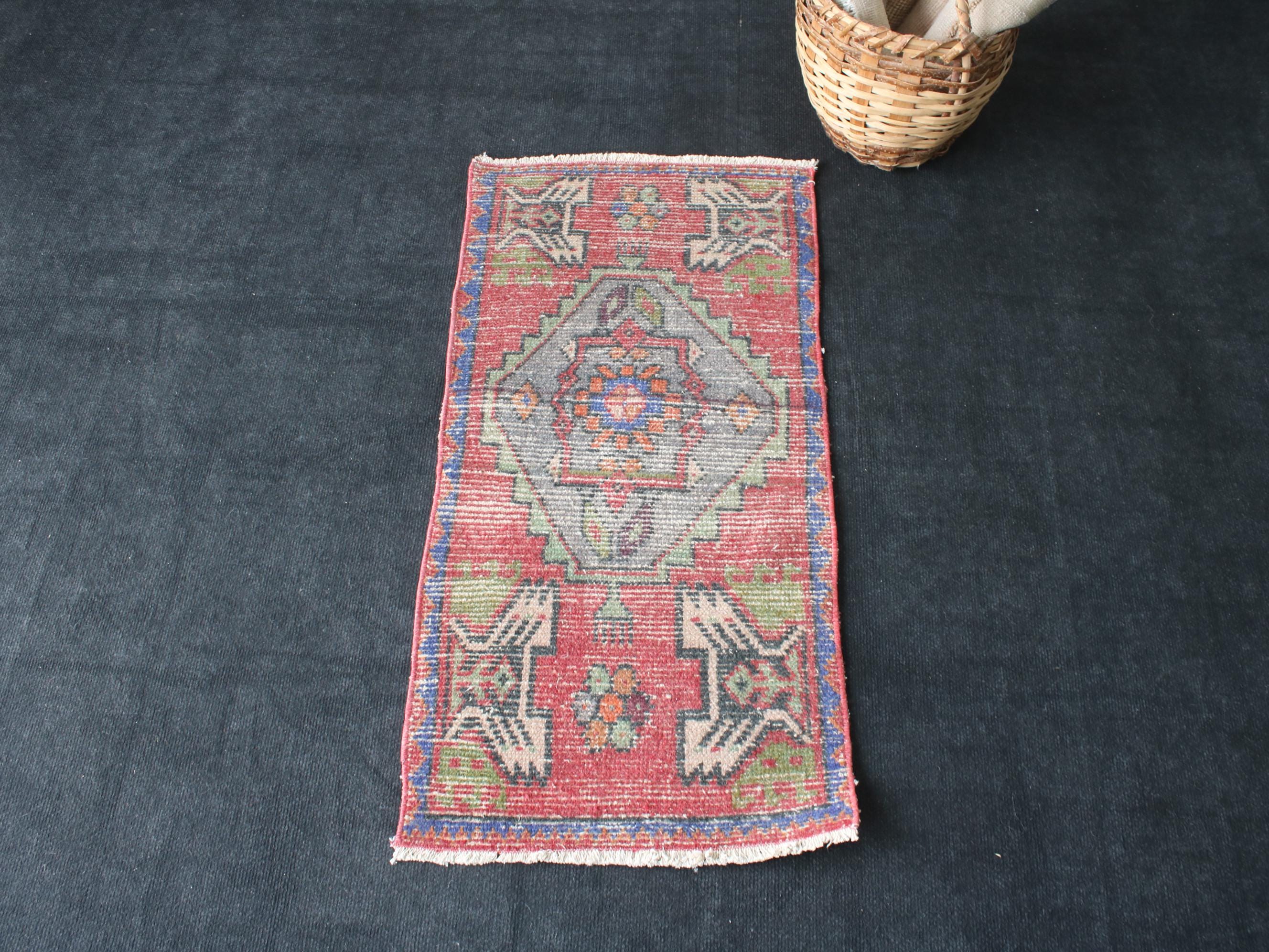 1x3 Red Door Mat, Handmade, Turkish Rug, Vintage, Neutral Wool