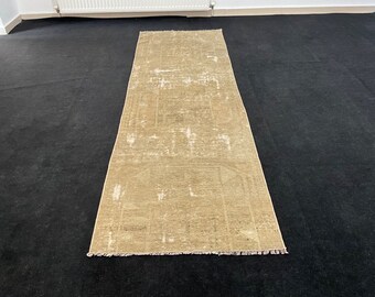 Handmade Wool Turkish Runner Rug: 2x8 Vintage Oushak Rug