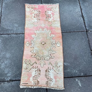 1x3 Muted Red Small Oushak Rug, Vintage Handmade Doormat, Faded Turkish Mini Rug, Aztec Entry Rug, Ethnic Bath Mat, Wool-Cotton Welcome Rug