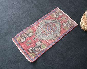 1x3 Red Door Mat, Handmade, Turkish Rug, Vintage, Neutral Wool
