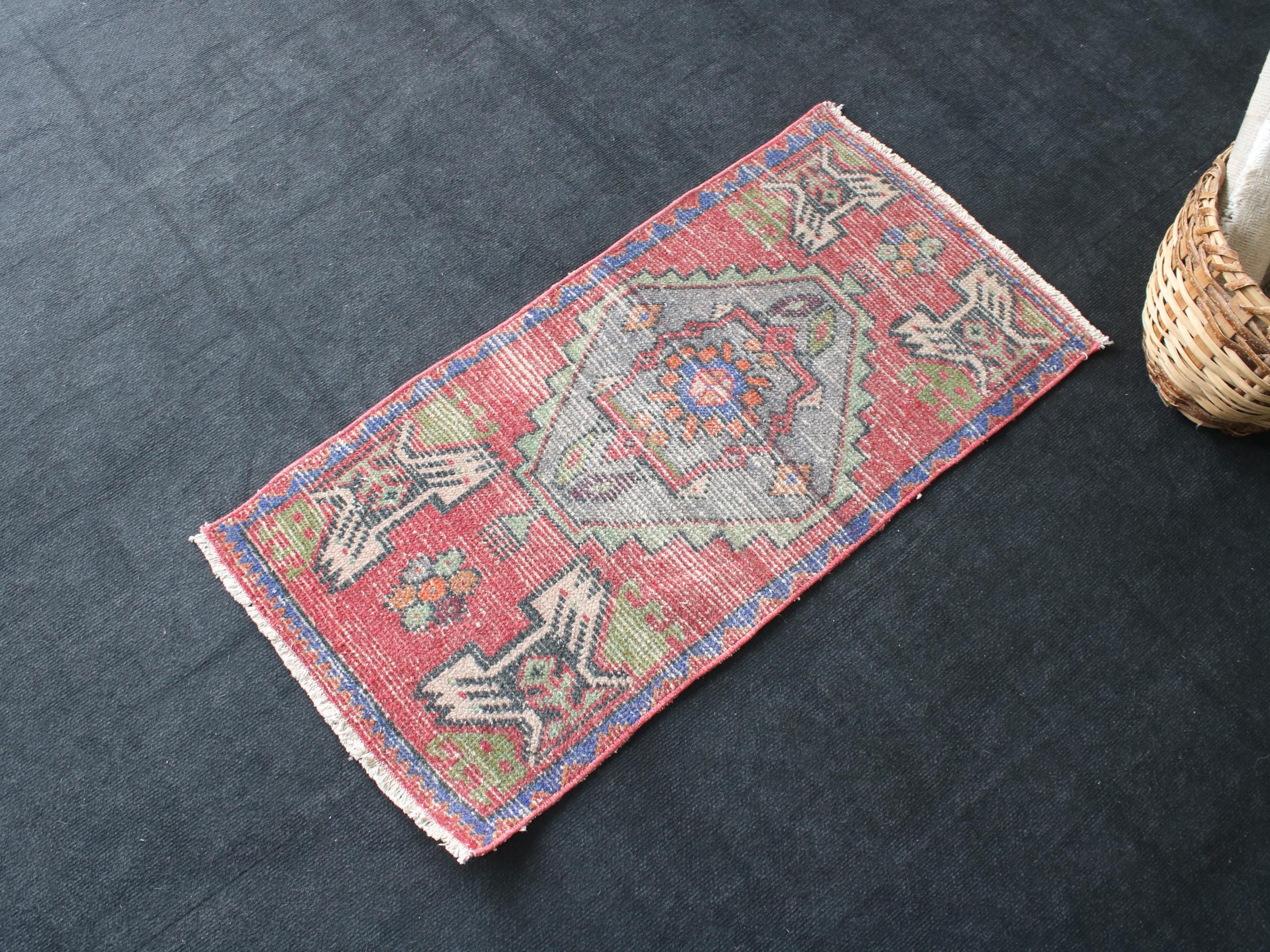1x3 Red Door Mat, Handmade, Turkish Rug, Vintage, Neutral Wool
