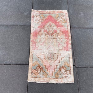 2x3 Vintage Turkish Doormat Rug,Oushak Small Rug,Bath Mat Rug,Decorative Entry Rug,Faded Pink Colored Welcome Rug,Unique Handmade Doormat