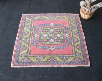 Handmade Pink Turkish Area Rug, Square Wool Rug (4.1 x 3.8 Ft)