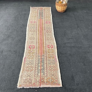 May include: A long, narrow rug with a cream background and intricate floral patterns in shades of pink, red, and blue. The rug has a fringed edge.