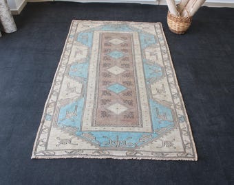 4x6 Brown Blue Turkish Area Rug, Neutral Handmade Rug, Vintage, Wool, Kitchen, Bedroom, Oushak