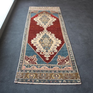 3x9 Red Runner Rug, Traditional Runner, Handmade Rug, Turkish Runner Rug, Kitchen Runner, Bohemian Decor Rug, Wool Rug, Corridor Rug,3x9 Rug