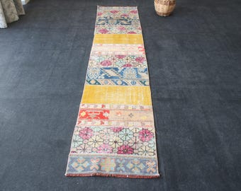 2x9 Patchwork Runner Rug, Vintage Turkish Runner, Handmade, Wool, Corridor, Stair, Washable, Kitchen