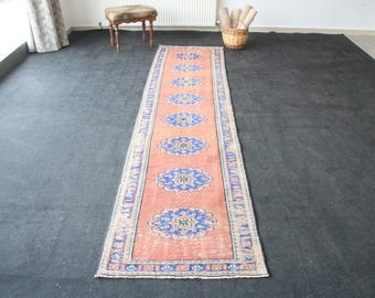 Vintage turkisk Oushak löparmatta 2,5x10,7 fot, orangeblå handgjord ullmatta i hallen, anatolisk vintagematta, boho korridormatta