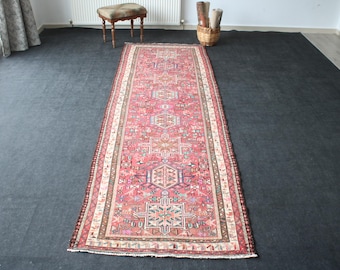 3 x 11 fot rödvit Oushak löparmatta, handgjord ull turkisk matta, vintage Oushak matta, lång halllöpare, traditionell heminredning