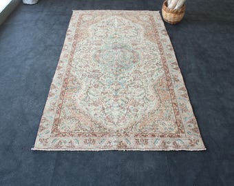 Handmade Wool Oriental Rug 4x8: Vintage Turkish Farmhouse Decor