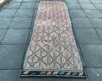 Vintage Turkish Kilim Runner Rug: Black, White, & Minimal (3x9 ft)