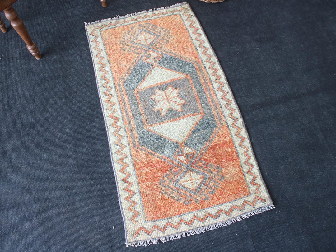 2x3 Ft, Orange Gray Turkish Doormat Rug, Entry Rug, Turkish Mat