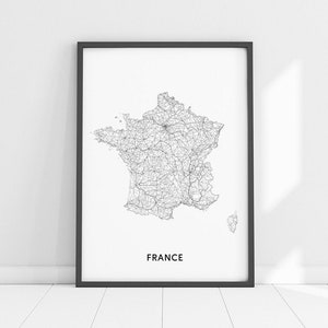 France Carte Imprimer, France Carte Wall Art, France Carte Poster, Pays Carte Estampes, Noir et Blanc, Art mural moderne, Décor de bureau, Art imprimable