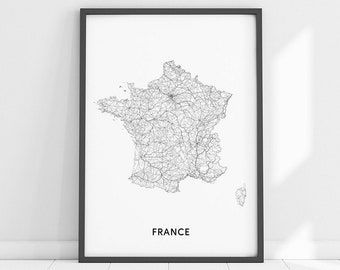 France Carte Imprimer, France Carte Wall Art, France Carte Poster, Pays Carte Estampes, Noir et Blanc, Art mural moderne, Décor de bureau, Art imprimable