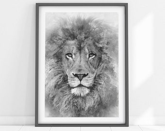 May include: Black and white watercolor painting of a lion's face. The lion has a thick mane and piercing eyes. The painting is framed in a simple black frame.