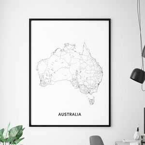 Australien Karte Print, Australien Karte Kunst, Australien Karte Poster, schwarz & weiß, zeitgenössische Kunst, moderne Wandkunst, Bürodekor, druckbare Kunst