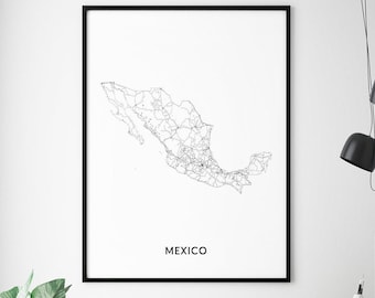 Mexico Map Print, Mexico Map Wall Art, Mexico Map Poster, Countries Map Prints, Black & White, Modern Wall Art, Office Decor, Printable Art