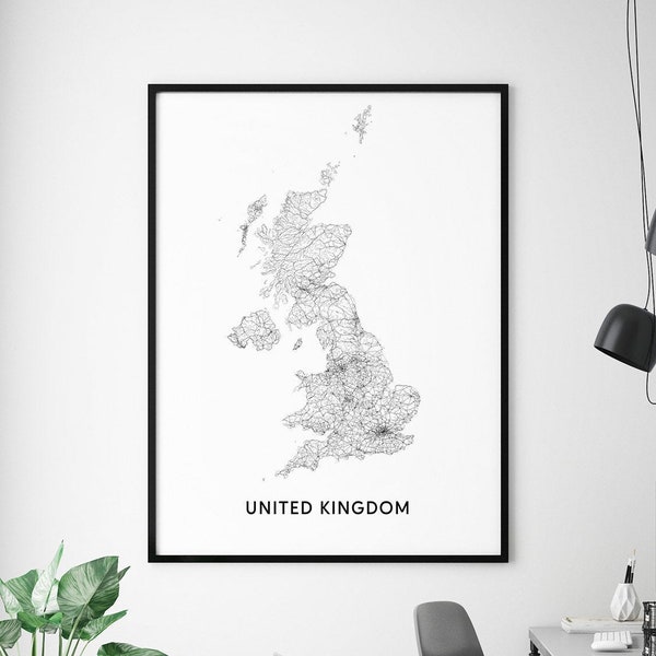 Verenigd Koninkrijk Kaart Print, Verenigd Koninkrijk UK Kaart Art Poster, Zwart &Wit, Hedendaagse, Moderne Kunst aan de muur, Home Office Decor, Afdrukbare Kunst