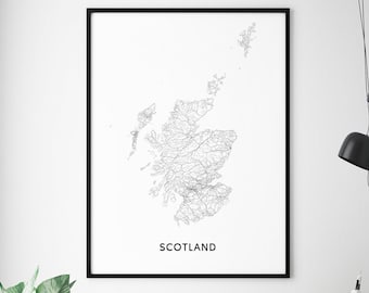 Scotland Map Print, Scotland UK Map Art Poster, Carte du pays, Noir et blanc, Art mural moderne, Minimaliste, Décor de bureau à domicile, Art imprimable