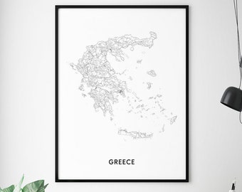 Greece Map Print, Greece Map Art Poster, Country Map, Black and White, Modern Wall Art, Contemporary Art, Home Office Decor, Printable Art