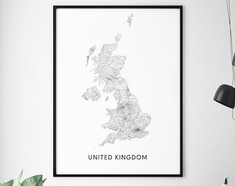 United Kingdom Map Print, United Kingdom UK Map Art Poster, Black & White, Contemporary, Modern Wall Art, Home Office Decor, Printable Art