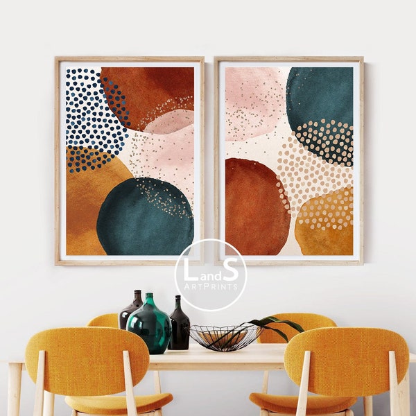 Abstract Wall Art Prints Set of 2, Terracotta Print, Blush Pink & Gold, Watercolor Terracotta Art, Brown Green Earth Tone Art, Printable Art