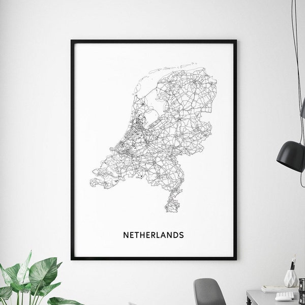 Holanda mapa impresión, Arte de la pared de los Países Bajos, Cartel del mapa de los Países Bajos, Mapa del país blanco y negro, arte moderno de la pared, decoración de la oficina, arte imprimible