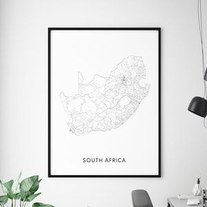 Sudáfrica Impresión de mapas, Póster de arte de Sudáfrica, Arte mural del mapa del país, Blanco y negro, Minimalista moderno, Decoración de oficina en casa, Arte imprimible