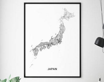 Japan Karte Druck, Japan Karte Kunst, Land Karten Wandkunst, Japan Road Map Poster, schwarz & weiß, moderne minimalistisch, Büro-Dekor, druckbare Kunst