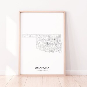 Karta över Oklahoma, vägkarta över delstaten, konstaffisch med kartor över Oklahoma, modern väggkonst, svartvitt, kontorsinredning, utskrivbar konst
