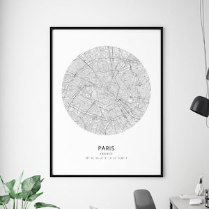 Paris Karte Druck, Paris Frankreich Karte Kunstposter, Stadt Straßen Karte Drucken, schwarz & weiß, modern minimalistisch, Büro Dekor, druckbare Wandkunst