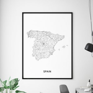 Espagne Map Print, Espagne Carte Wall Art, Espagne Carte Art Affiche, Country Map Art, Noir et Blanc, Modern Wall Art, Home Office Decor, Art imprimable