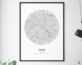 Paris Map Print, Paris France Map Art Poster, City Street Road Map Print, Black & White, Modern Minimalist, Office Decor, Printable Wall Art