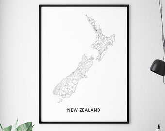 New Zealand Map Print, New Zealand Map Wall Art, Country Map Poster, Black & White, Modern Minimalist, Home Office Decor, Printable Wall Art