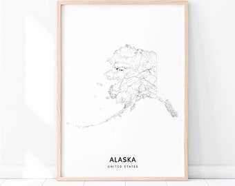 Alaska Map Print, State Road Map Print, Alaska AK USA United States Map Art Poster, Modern Wall Art, Minimalist, Office Decor, Printable Art