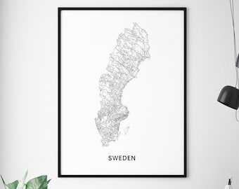 Sweden Map Print, Sweden Map Wall Art, Sweden Map Poster, Country Map, Black and White, Modern Minimalist, Home Office Decor, Printable Art