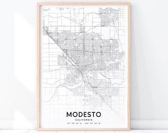 Modesto Map Print, California USA Map Art Poster, City Street Road Map Print, Black White, Modern Wall Art, Home Office Decor, Printable Art