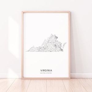 Virginia kaart afdrukken, staat weg kaart afdrukken, Virginia VA USA Verenigde Staten kaart art poster, modern, minimalistisch, Office decor, afdrukbare Wall Art