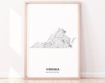 Virginia Map Print, State Road Map Print, Virginia VA USA United States Map Art Poster, Modern, Minimalist, Office Decor, Printable Wall Art