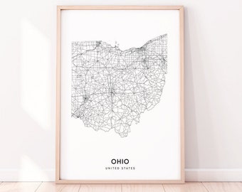 Ohio Map Print, State Road Map Print, Ohio OH USA United States Map Art Poster, Modern Wall Art, Home Office Decor, Kids Room Printable Art