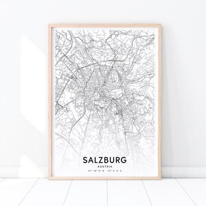Salzburg Karte Druck, Salzburg Österreich Karte Kunst Poster, Stadt Straße Karte Druck, moderne Wandkunst, minimalistisch, Büro Dekor, druckbare Kunst