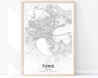 Tunis Map Print, Tunis Map Art Poster, Tunis Tunisia Map, City Street Map Print, Noir & Blanc, Art mural moderne, Décor de bureau, Art imprimable