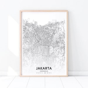 Impressão de mapa de Jacarta, pôster de arte de mapa de Jacarta Indonésia, impressão de mapa de estradas da cidade, preto e branco, arte de parede moderna, decoração de escritório, arte para impressão