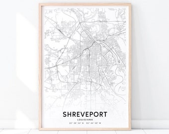 Shreveport Map Print, Louisiana Map Art Poster, City Street Road Map Print, Black & White, Modern Wall Art, Home Office Decor, Printable Art