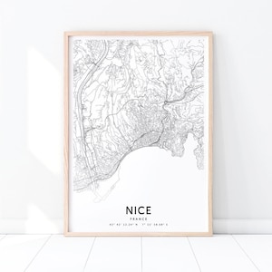 Impressão de mapa agradável, mapa urbano agradável, pôster de arte de mapa de Nice França, impressão de mapa de estradas de ruas da cidade, arte moderna de parede, decoração de escritório doméstico, arte para impressão