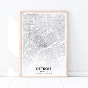 Impressão de mapa de Detroit, pôster de arte de mapa de Detroit Michigan, impressão de mapa de estradas de ruas da cidade, preto e branco, arte de parede moderna, decoração de escritório doméstico para impressão