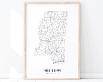 Mississippi kaart afdrukken, State Road kaart kunst, Mississippi USA Verenigde Staten kaart art poster, moderne Wall Art, Home Office decor, afdrukbare kunst