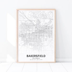 Bakersfield Map Print, California USA Map Art Poster, City Street Road Map Print, Minimalist, Modern Wall Art, Office Decor, Printable Art