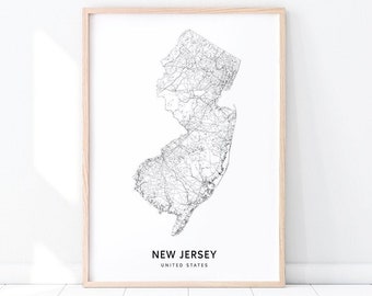 New Jersey Map Print, State Road Map Print, NJ USA United States Map Art Poster, Modern Wall Art, Kids Room Home Office Decor, Printable Art